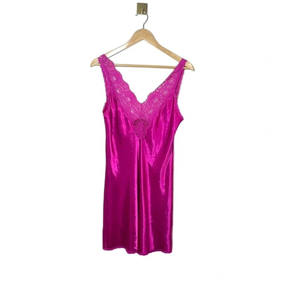 Vintage Pink Satin Lace Slip Dress M Silky Lingerie Nightgown Coquette Y2K